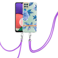 Silicone Candy Rubber Gel Fashionable Pattern Soft Case Cover with Lanyard Strap Y06B for Samsung Galaxy A22 5G Blue