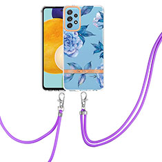 Silicone Candy Rubber Gel Fashionable Pattern Soft Case Cover with Lanyard Strap Y06B for Samsung Galaxy A52 4G Blue