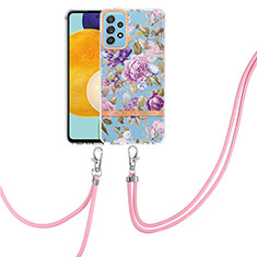 Silicone Candy Rubber Gel Fashionable Pattern Soft Case Cover with Lanyard Strap Y06B for Samsung Galaxy A52 5G Clove Purple