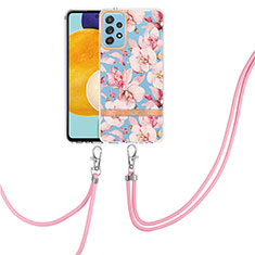 Silicone Candy Rubber Gel Fashionable Pattern Soft Case Cover with Lanyard Strap Y06B for Samsung Galaxy A52 5G Pink