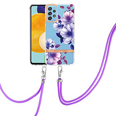 Silicone Candy Rubber Gel Fashionable Pattern Soft Case Cover with Lanyard Strap Y06B for Samsung Galaxy A52 5G Purple