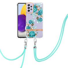 Silicone Candy Rubber Gel Fashionable Pattern Soft Case Cover with Lanyard Strap Y06B for Samsung Galaxy A72 5G Cyan