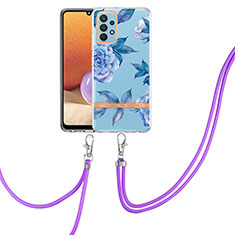 Silicone Candy Rubber Gel Fashionable Pattern Soft Case Cover with Lanyard Strap Y06B for Samsung Galaxy M32 5G Blue