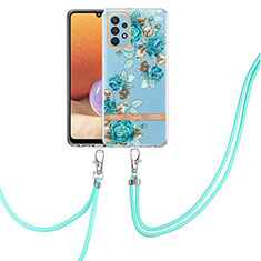 Silicone Candy Rubber Gel Fashionable Pattern Soft Case Cover with Lanyard Strap Y06B for Samsung Galaxy M32 5G Cyan