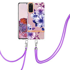 Silicone Candy Rubber Gel Fashionable Pattern Soft Case Cover with Lanyard Strap Y06B for Samsung Galaxy S20 5G Purple