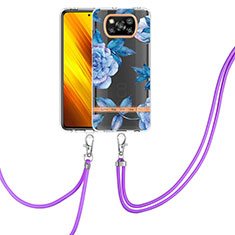 Silicone Candy Rubber Gel Fashionable Pattern Soft Case Cover with Lanyard Strap Y06B for Xiaomi Poco X3 NFC Blue