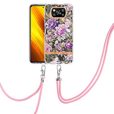 Silicone Candy Rubber Gel Fashionable Pattern Soft Case Cover with Lanyard Strap Y06B for Xiaomi Poco X3 NFC Clove Purple