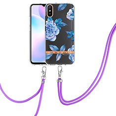 Silicone Candy Rubber Gel Fashionable Pattern Soft Case Cover with Lanyard Strap Y06B for Xiaomi Redmi 9A Blue
