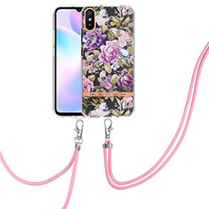 Silicone Candy Rubber Gel Fashionable Pattern Soft Case Cover with Lanyard Strap Y06B for Xiaomi Redmi 9A Clove Purple