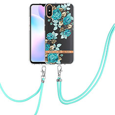 Silicone Candy Rubber Gel Fashionable Pattern Soft Case Cover with Lanyard Strap Y06B for Xiaomi Redmi 9A Cyan