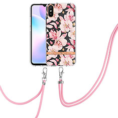 Silicone Candy Rubber Gel Fashionable Pattern Soft Case Cover with Lanyard Strap Y06B for Xiaomi Redmi 9A Pink
