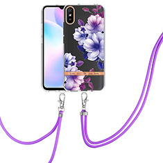 Silicone Candy Rubber Gel Fashionable Pattern Soft Case Cover with Lanyard Strap Y06B for Xiaomi Redmi 9A Purple