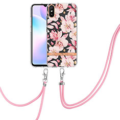 Silicone Candy Rubber Gel Fashionable Pattern Soft Case Cover with Lanyard Strap Y06B for Xiaomi Redmi 9AT Pink