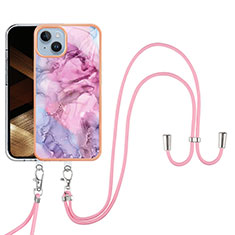 Silicone Candy Rubber Gel Fashionable Pattern Soft Case Cover with Lanyard Strap Y07B for Apple iPhone 13 Clove Purple