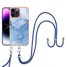 Silicone Candy Rubber Gel Fashionable Pattern Soft Case Cover with Lanyard Strap Y07B for Apple iPhone 13 Pro Blue