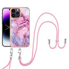 Silicone Candy Rubber Gel Fashionable Pattern Soft Case Cover with Lanyard Strap Y07B for Apple iPhone 13 Pro Clove Purple