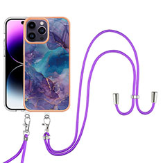 Silicone Candy Rubber Gel Fashionable Pattern Soft Case Cover with Lanyard Strap Y07B for Apple iPhone 13 Pro Max Purple
