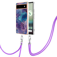 Silicone Candy Rubber Gel Fashionable Pattern Soft Case Cover with Lanyard Strap Y07B for Google Pixel 6a 5G Purple