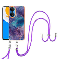 Silicone Candy Rubber Gel Fashionable Pattern Soft Case Cover with Lanyard Strap Y07B for Huawei Honor X7 Purple