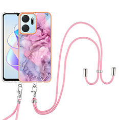 Silicone Candy Rubber Gel Fashionable Pattern Soft Case Cover with Lanyard Strap Y07B for Huawei Honor X7a Clove Purple