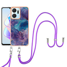 Silicone Candy Rubber Gel Fashionable Pattern Soft Case Cover with Lanyard Strap Y07B for Huawei Honor X7a Purple