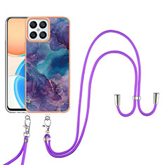 Silicone Candy Rubber Gel Fashionable Pattern Soft Case Cover with Lanyard Strap Y07B for Huawei Honor X8 4G Purple
