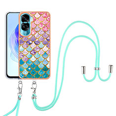 Silicone Candy Rubber Gel Fashionable Pattern Soft Case Cover with Lanyard Strap YB3 for Huawei Honor 90 Lite 5G Colorful
