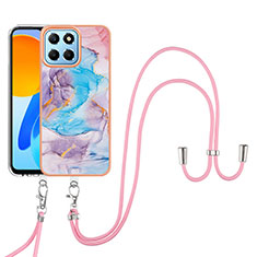 Silicone Candy Rubber Gel Fashionable Pattern Soft Case Cover with Lanyard Strap YB3 for Huawei Honor X6a Blue