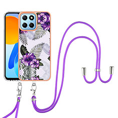Silicone Candy Rubber Gel Fashionable Pattern Soft Case Cover with Lanyard Strap YB3 for Huawei Honor X6a Purple