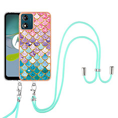 Silicone Candy Rubber Gel Fashionable Pattern Soft Case Cover with Lanyard Strap YB3 for Motorola Moto E13 Colorful