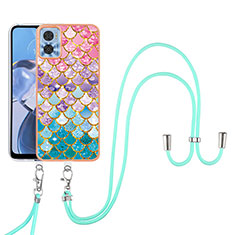 Silicone Candy Rubber Gel Fashionable Pattern Soft Case Cover with Lanyard Strap YB3 for Motorola Moto E22 Colorful