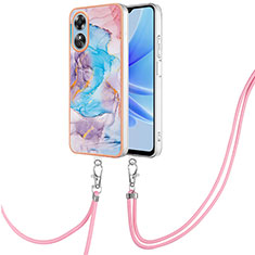 Silicone Candy Rubber Gel Fashionable Pattern Soft Case Cover with Lanyard Strap YB3 for Oppo A17 Blue