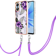 Silicone Candy Rubber Gel Fashionable Pattern Soft Case Cover with Lanyard Strap YB3 for Oppo A17 Purple