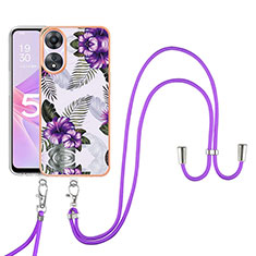Silicone Candy Rubber Gel Fashionable Pattern Soft Case Cover with Lanyard Strap YB3 for Oppo A58 5G Purple