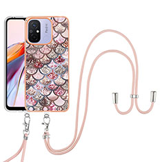 Silicone Candy Rubber Gel Fashionable Pattern Soft Case Cover with Lanyard Strap YB3 for Xiaomi Poco C55 Brown