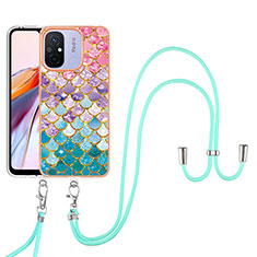 Silicone Candy Rubber Gel Fashionable Pattern Soft Case Cover with Lanyard Strap YB3 for Xiaomi Poco C55 Colorful