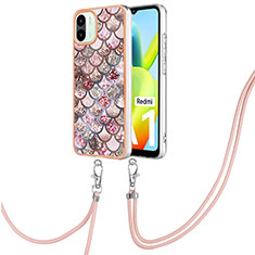 Silicone Candy Rubber Gel Fashionable Pattern Soft Case Cover with Lanyard Strap YB3 for Xiaomi Redmi A1 Brown