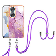 Silicone Candy Rubber Gel Fashionable Pattern Soft Case Cover with Lanyard Strap YB5 for Huawei Honor 90 5G Clove Purple