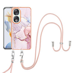 Silicone Candy Rubber Gel Fashionable Pattern Soft Case Cover with Lanyard Strap YB5 for Huawei Honor 90 5G Pink