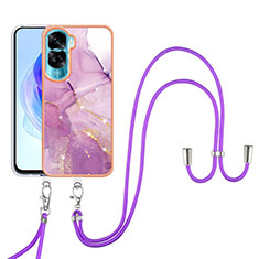 Silicone Candy Rubber Gel Fashionable Pattern Soft Case Cover with Lanyard Strap YB5 for Huawei Honor 90 Lite 5G Clove Purple