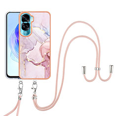 Silicone Candy Rubber Gel Fashionable Pattern Soft Case Cover with Lanyard Strap YB5 for Huawei Honor 90 Lite 5G Pink