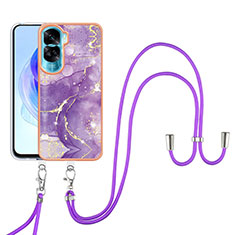 Silicone Candy Rubber Gel Fashionable Pattern Soft Case Cover with Lanyard Strap YB5 for Huawei Honor 90 Lite 5G Purple