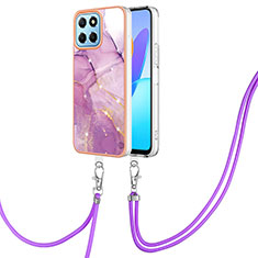 Silicone Candy Rubber Gel Fashionable Pattern Soft Case Cover with Lanyard Strap YB5 for Huawei Honor X6a Clove Purple