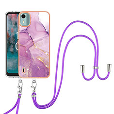 Silicone Candy Rubber Gel Fashionable Pattern Soft Case Cover with Lanyard Strap YB5 for Nokia C12 Clove Purple