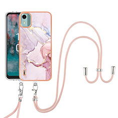 Silicone Candy Rubber Gel Fashionable Pattern Soft Case Cover with Lanyard Strap YB5 for Nokia C12 Pink