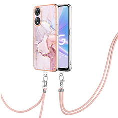 Silicone Candy Rubber Gel Fashionable Pattern Soft Case Cover with Lanyard Strap YB5 for Oppo A58 5G Clove Purple