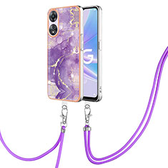 Silicone Candy Rubber Gel Fashionable Pattern Soft Case Cover with Lanyard Strap YB5 for Oppo A58 5G Purple