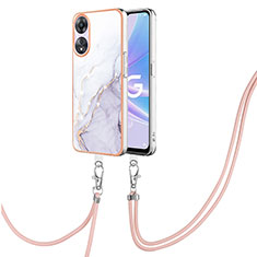 Silicone Candy Rubber Gel Fashionable Pattern Soft Case Cover with Lanyard Strap YB5 for Oppo A58 5G White
