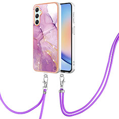 Silicone Candy Rubber Gel Fashionable Pattern Soft Case Cover with Lanyard Strap YB5 for Samsung Galaxy A25 5G Clove Purple