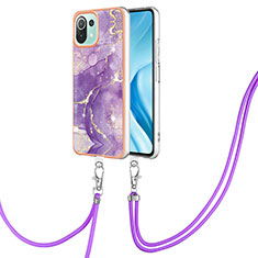 Silicone Candy Rubber Gel Fashionable Pattern Soft Case Cover with Lanyard Strap YB5 for Xiaomi Mi 11 Lite 5G Purple